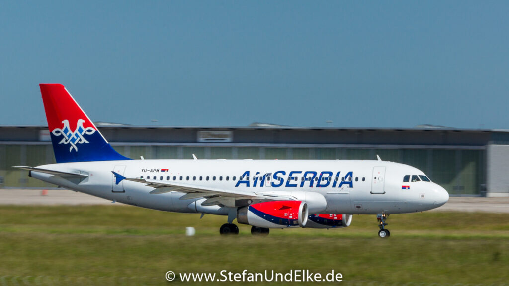 Airbus A319-132 with registration YU-APM, EDDS (STR) VFH Stuttgart, ASL (JU) Air Serbia